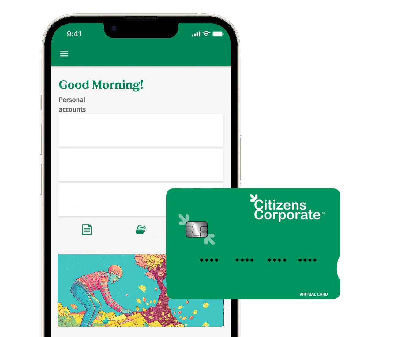 A phone with the Citizens app and a citizens debit card